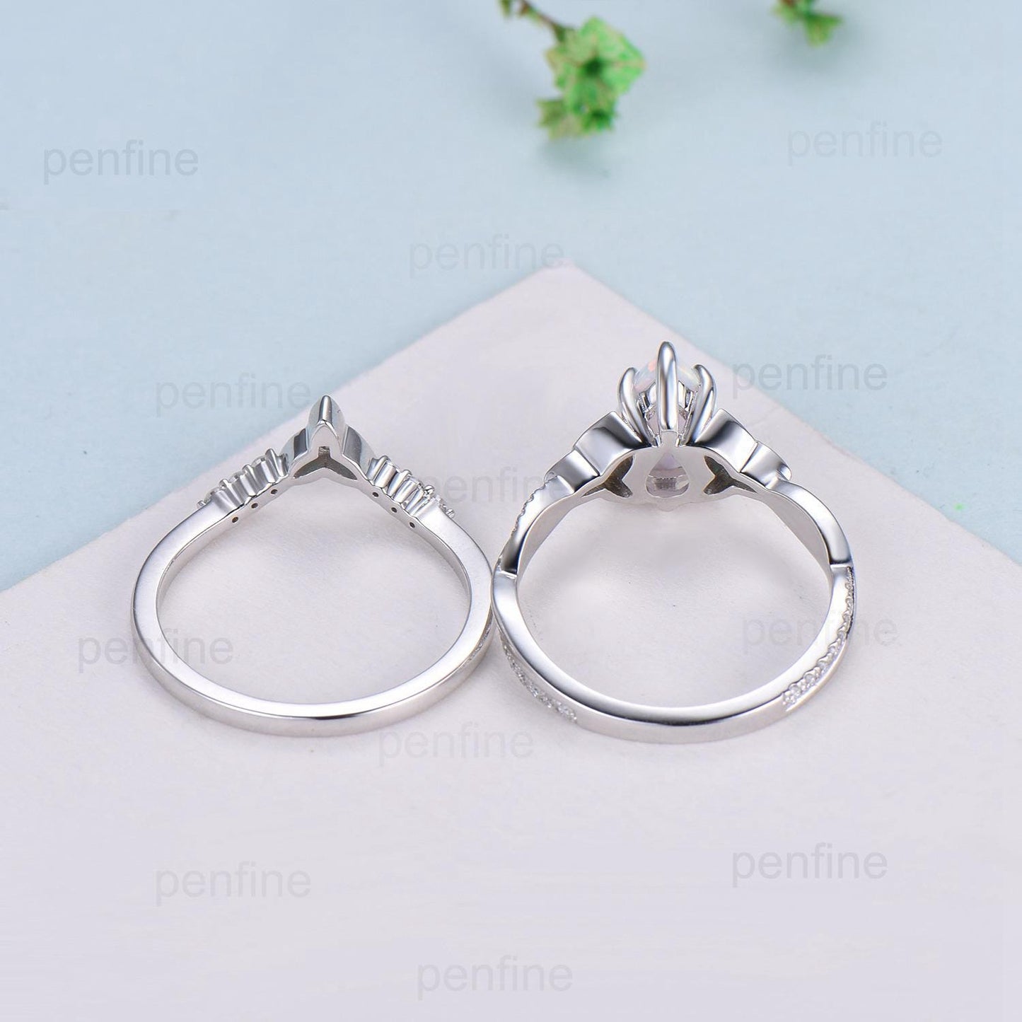 Unique Pear Moissanite Wedding Ring Set Celtic Knot 14K/18K White Gold Infinity Split Shank Moissanite Engagement Ring Emerald Bridal Sets - PENFINE