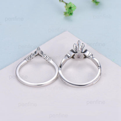 Unique Pear Moissanite Wedding Ring Set Celtic Knot 14K/18K White Gold Infinity Split Shank Moissanite Engagement Ring Emerald Bridal Sets - PENFINE