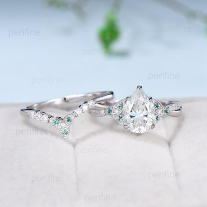 Unique Pear Moissanite Wedding Ring Set Celtic Knot 14K/18K White Gold Infinity Split Shank Moissanite Engagement Ring Emerald Bridal Sets - PENFINE