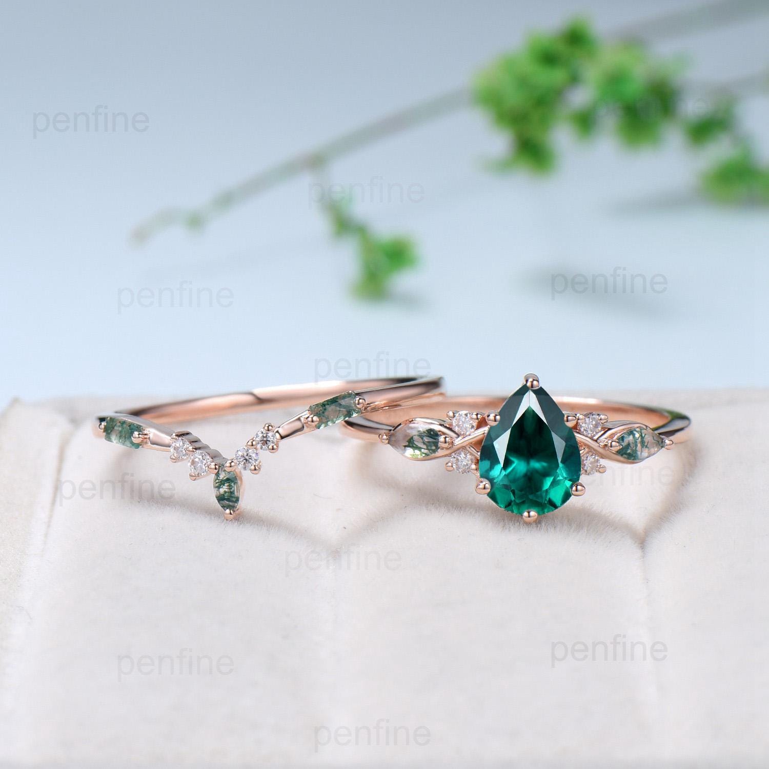 Vintage Pear Shaped Emerald Engagement Ring Set Unique 14k Rose Gold Vine Marquise Baguette Moss Agate Wedding Ring Set Ring Promise Gift - PENFINE