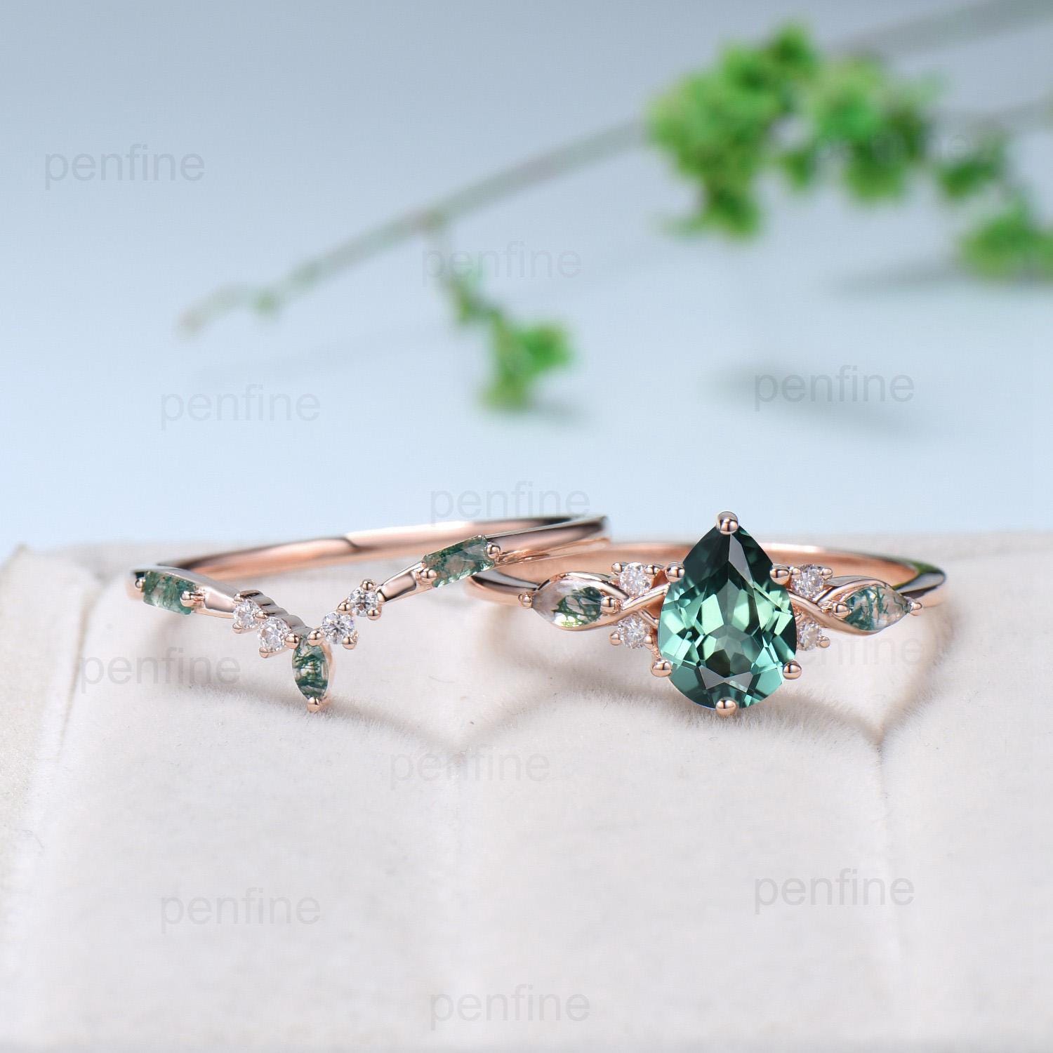 Vintage Pear Shaped Green Teal Sapphire Engagement Ring Set Unique 14k Rose Gold Vine Moss Agate Bridal Set Anniversary Promise Ring Gift - PENFINE