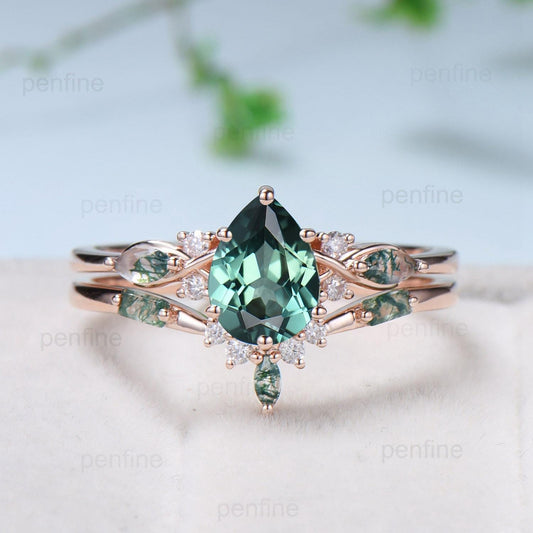 Vintage Pear Shaped Green Teal Sapphire Engagement Ring Set Unique 14k Rose Gold Vine Moss Agate Bridal Set Anniversary Promise Ring Gift - PENFINE