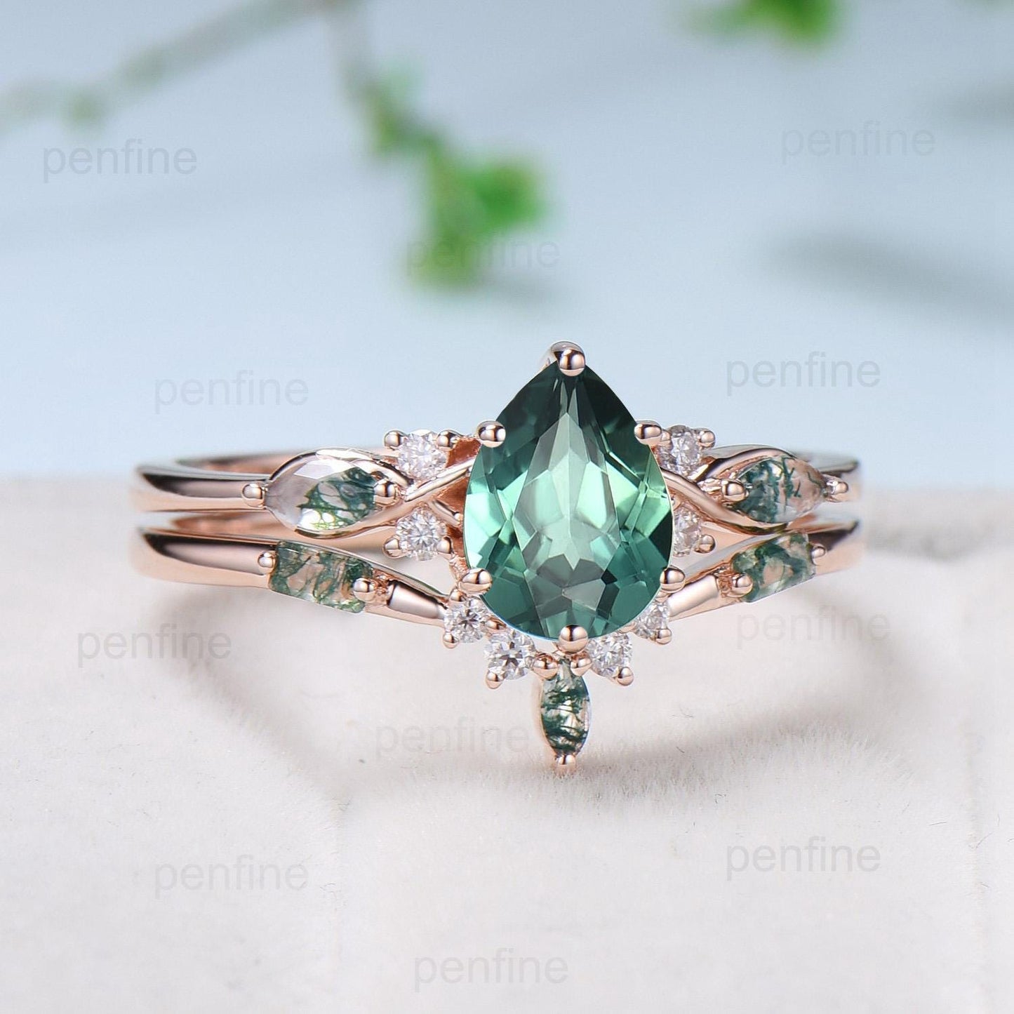 Vintage Pear Shaped Green Teal Sapphire Engagement Ring Set Unique 14k Rose Gold Vine Moss Agate Bridal Set Anniversary Promise Ring Gift - PENFINE