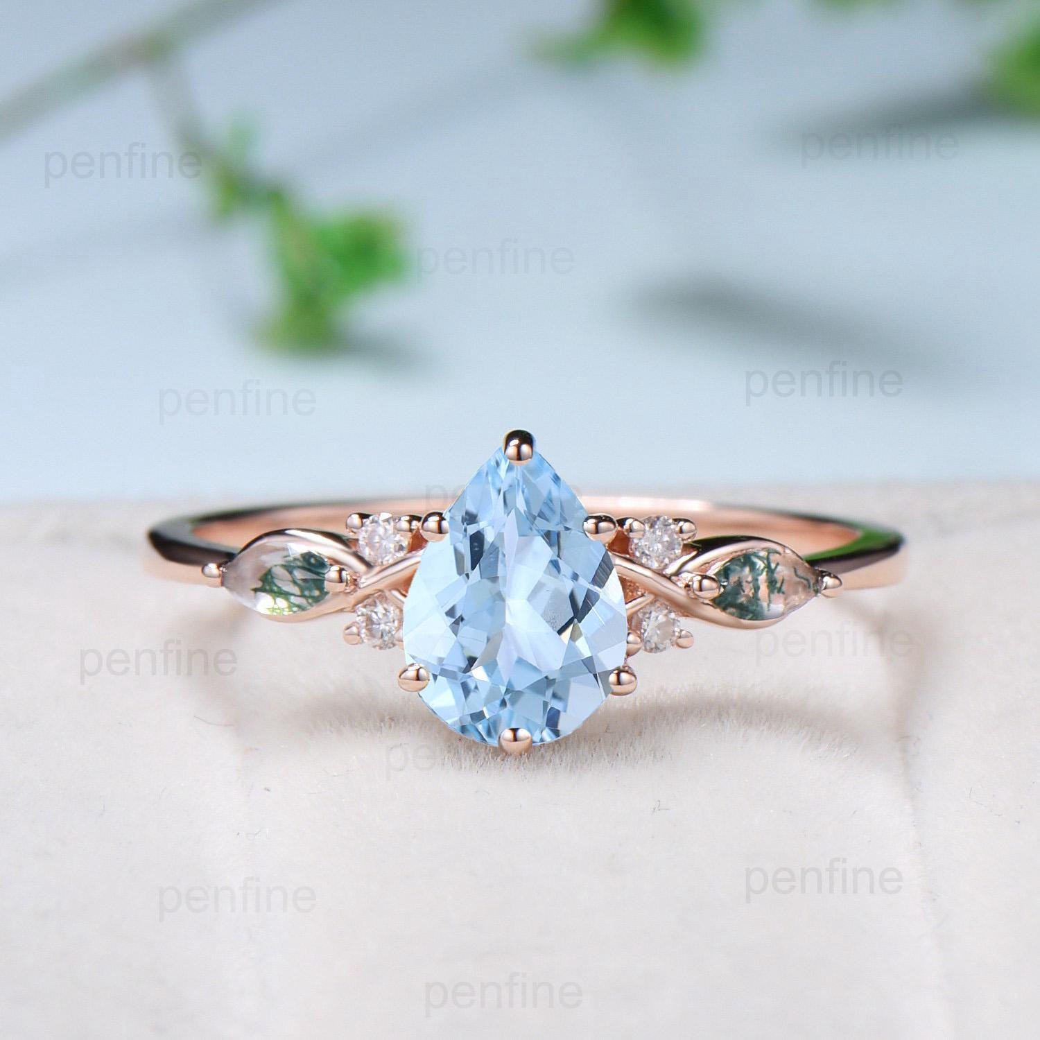 Vintage Pear Shaped Natural Aquamarine Engagement Ring Set Unique 14k Rose Gold Vine Marquise Green Agate Wedding Ring Set Ring for Women - PENFINE