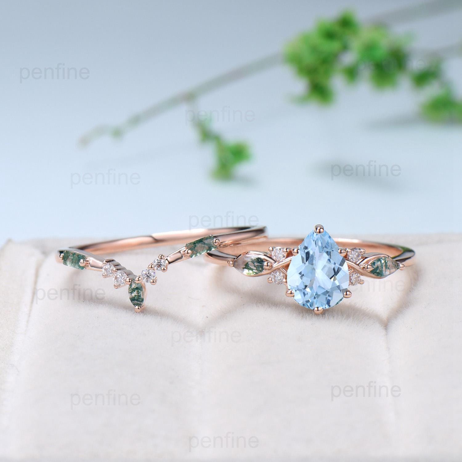 Vintage Pear Shaped Natural Aquamarine Engagement Ring Set Unique 14k Rose Gold Vine Marquise Green Agate Wedding Ring Set Ring for Women - PENFINE