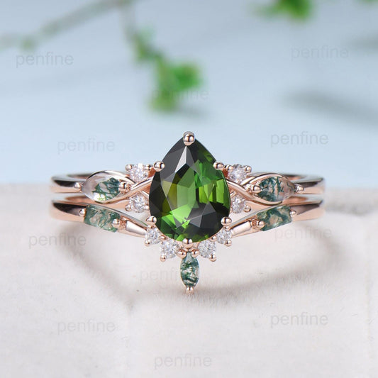 Vintage Pear Shaped Natural Green Tourmaline Engagement Ring Set Elegant 14k Rose Gold Moss Marquise Agate Wedding Ring Set Ring for Women - PENFINE