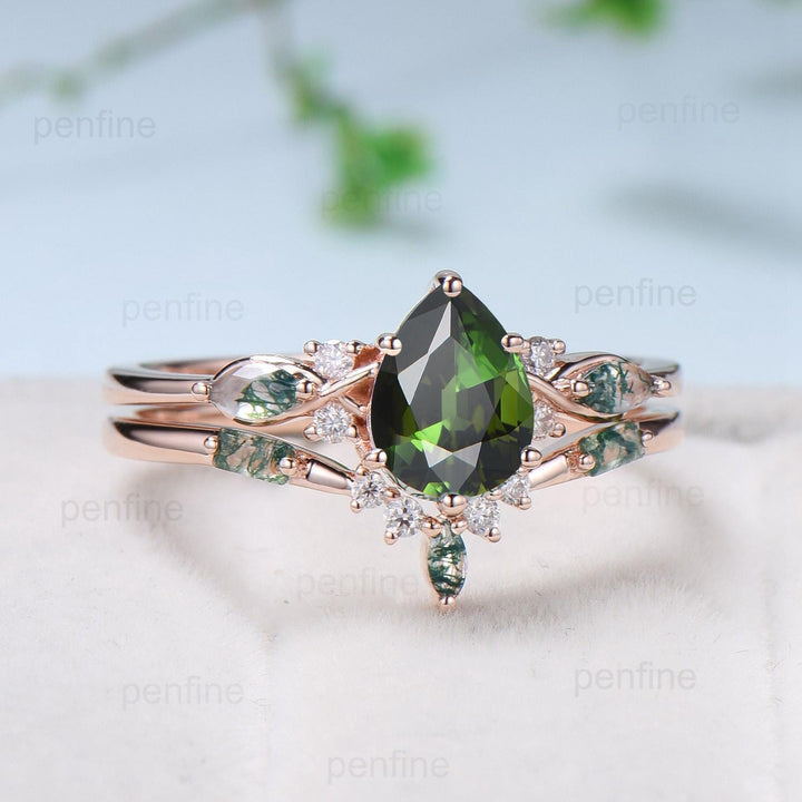 Vintage Pear Shaped Natural Green Tourmaline Engagement Ring Set Elegant 14k Rose Gold Moss Marquise Agate Wedding Ring Set Ring for Women - PENFINE
