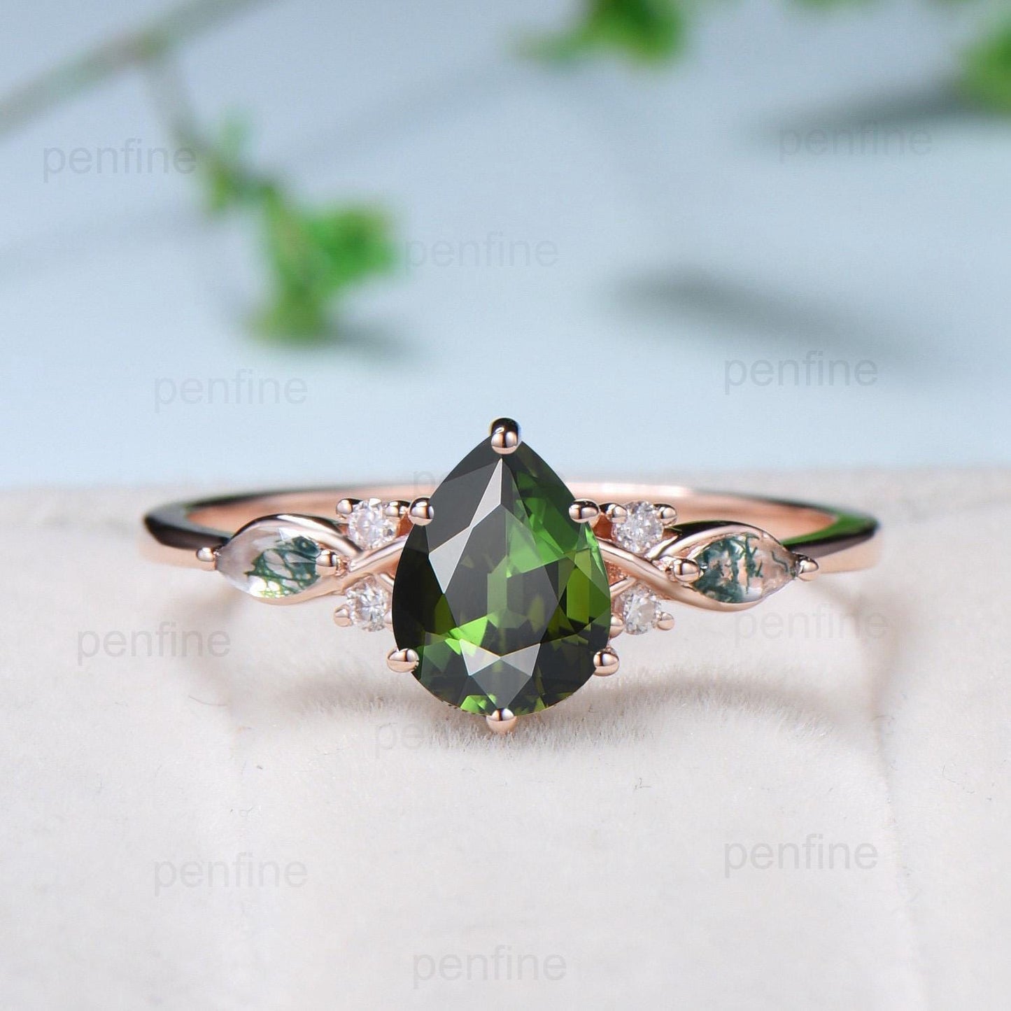 Vintage Pear Shaped Natural Green Tourmaline Engagement Ring Set Elegant 14k Rose Gold Moss Marquise Agate Wedding Ring Set Ring for Women - PENFINE