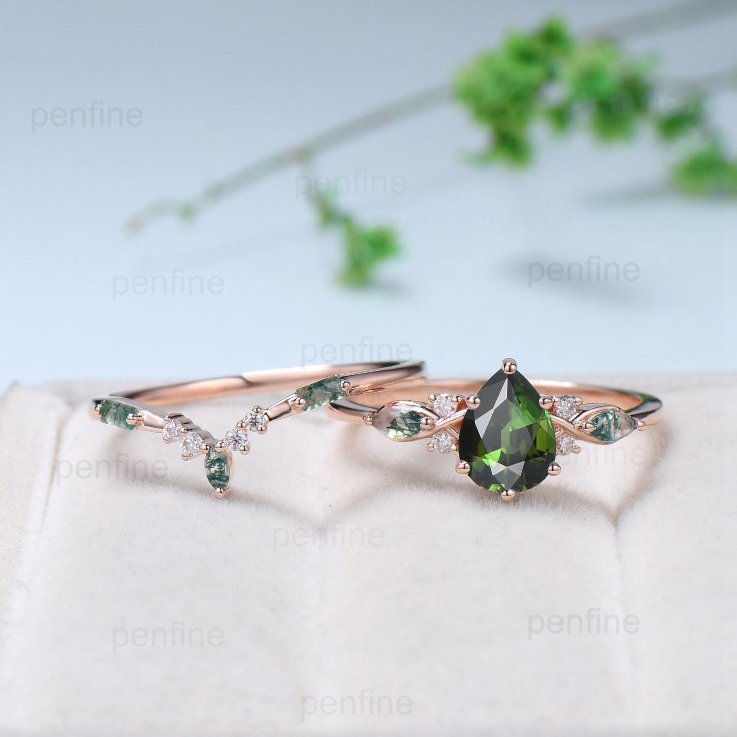 Vintage Pear Shaped Natural Green Tourmaline Engagement Ring Set Elegant 14k Rose Gold Moss Marquise Agate Wedding Ring Set Ring for Women - PENFINE