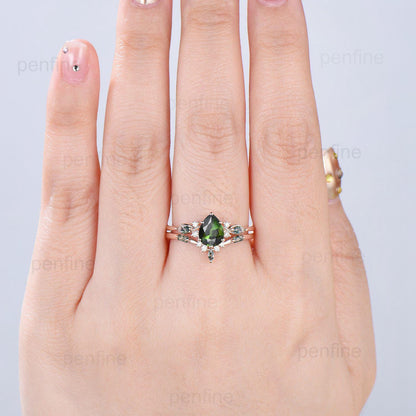 Vintage Pear Shaped Natural Green Tourmaline Engagement Ring Set Elegant 14k Rose Gold Moss Marquise Agate Wedding Ring Set Ring for Women - PENFINE