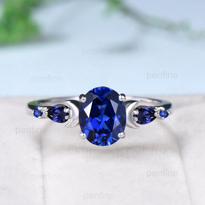 1.5 Carat oval blue sapphire engagement ring set vintage five stone moon engagement ring Elegant white gold pear sapphire wedding ring set - PENFINE