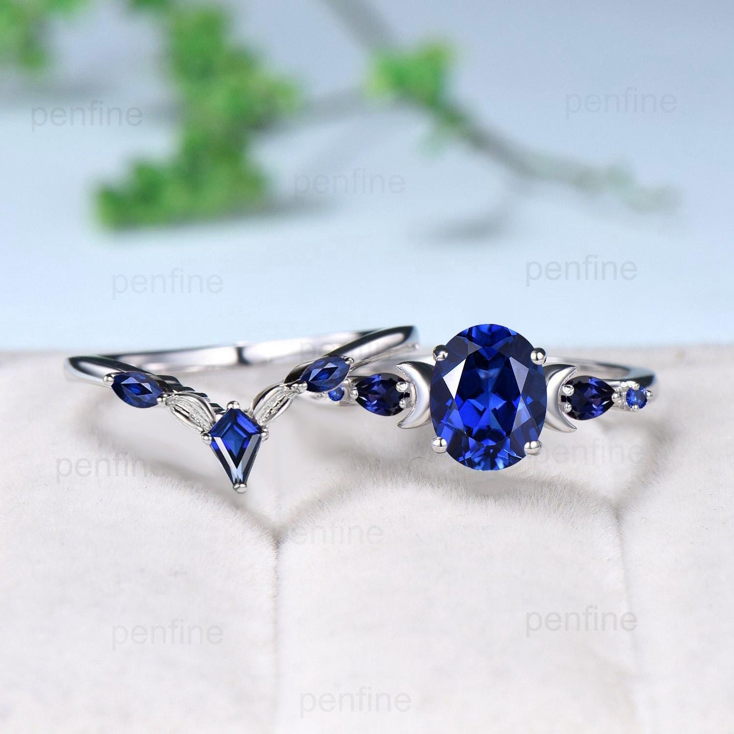 1.5 Carat oval blue sapphire engagement ring set vintage five stone moon engagement ring Elegant white gold pear sapphire wedding ring set - PENFINE