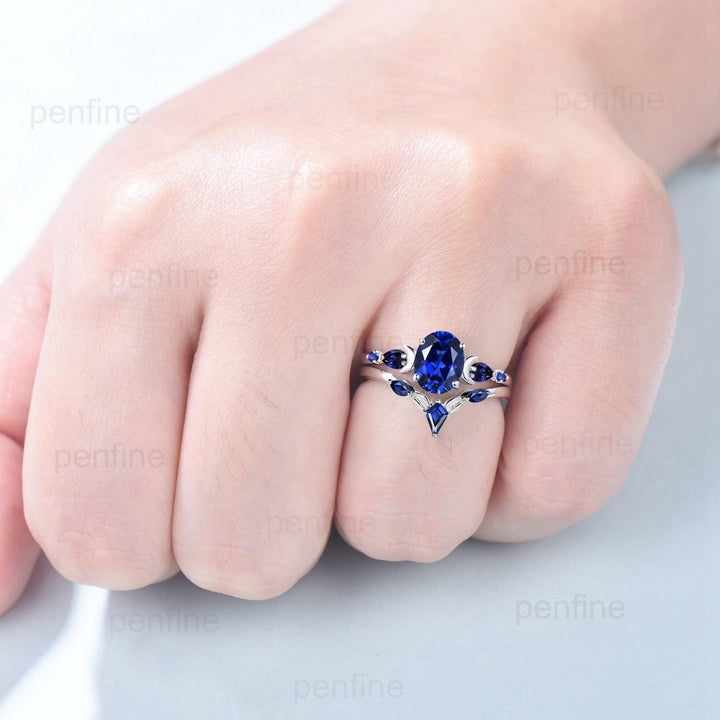 1.5 Carat oval blue sapphire engagement ring set vintage five stone moon engagement ring Elegant white gold pear sapphire wedding ring set - PENFINE