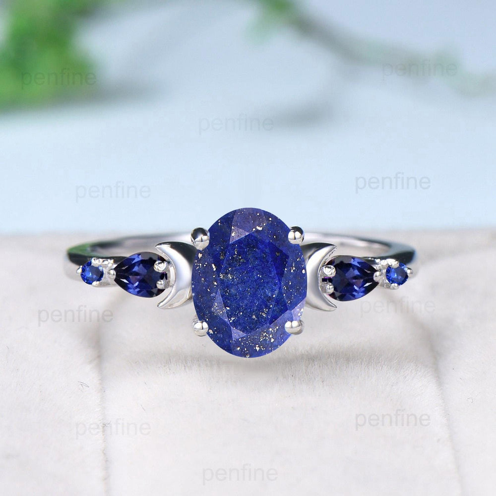 Vintage Moon Design Lapis Lazuli Engagement Ring Set Elegant Cluster pear Sapphire five stone wedding set Blue gemstone promise ring women - PENFINE