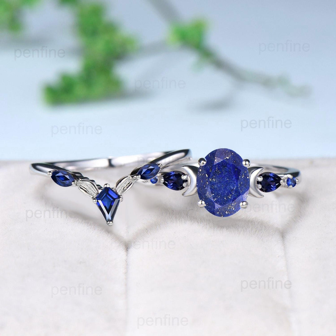 Vintage Moon Design Lapis Lazuli Engagement Ring Set Elegant Cluster pear Sapphire five stone wedding set Blue gemstone promise ring women - PENFINE