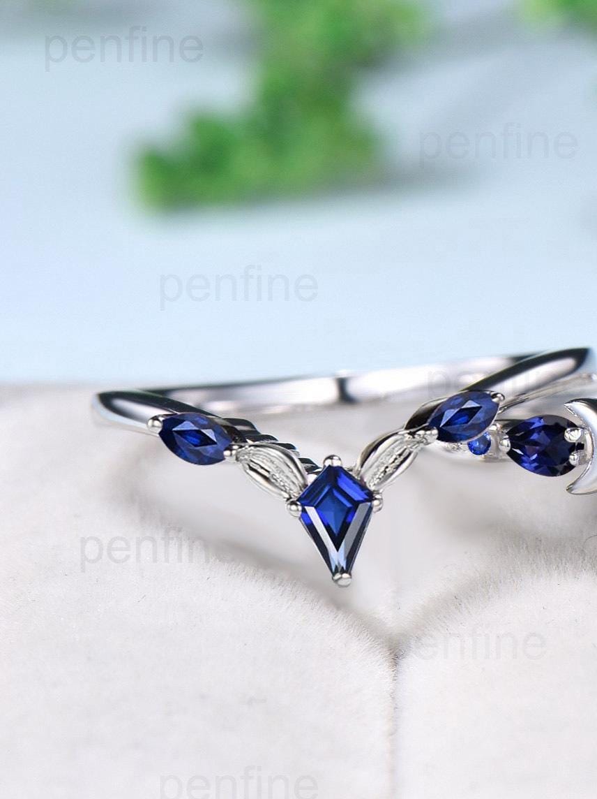 Vintage Moon Design Lapis Lazuli Engagement Ring Set Elegant Cluster pear Sapphire five stone wedding set Blue gemstone promise ring women - PENFINE