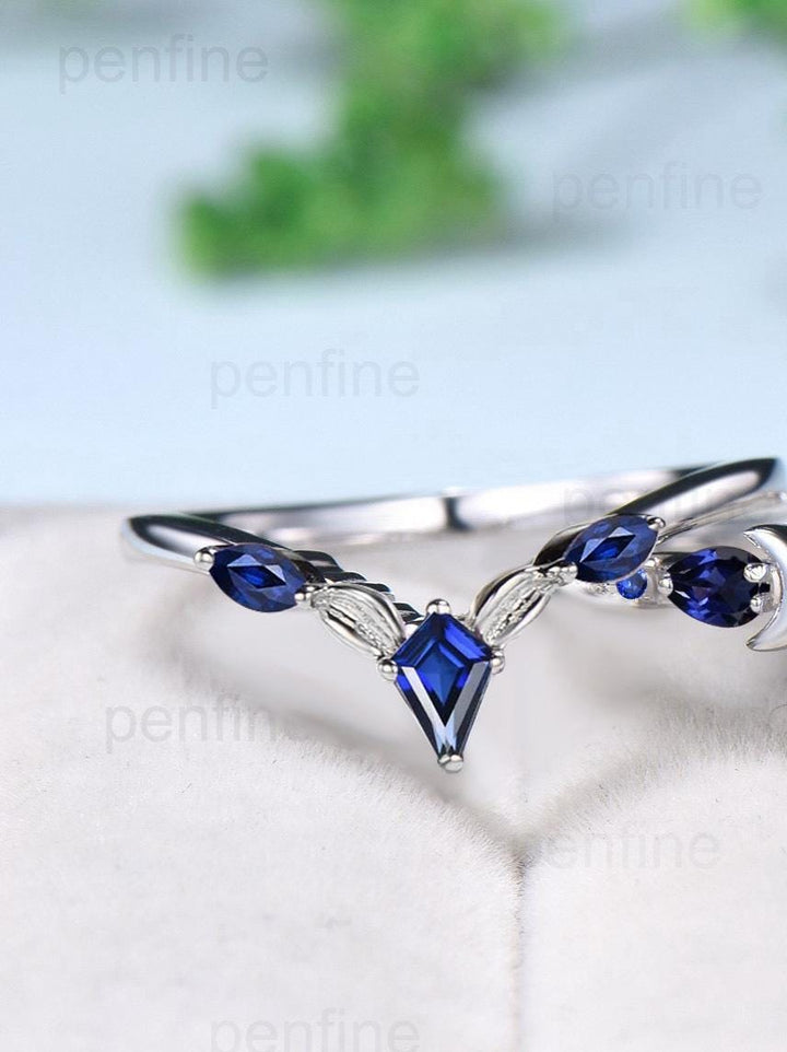 Vintage Moon Design Lapis Lazuli Engagement Ring Set Elegant Cluster pear Sapphire five stone wedding set Blue gemstone promise ring women - PENFINE