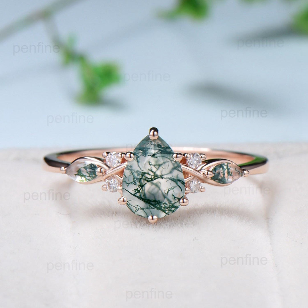 Solid 14K Yellow Gold Pear Shaped Natural Moss Agate Engagement Ring Set Unique Green Agate Agate Vine Art Deco Wedding Ring Set for Women - PENFINE