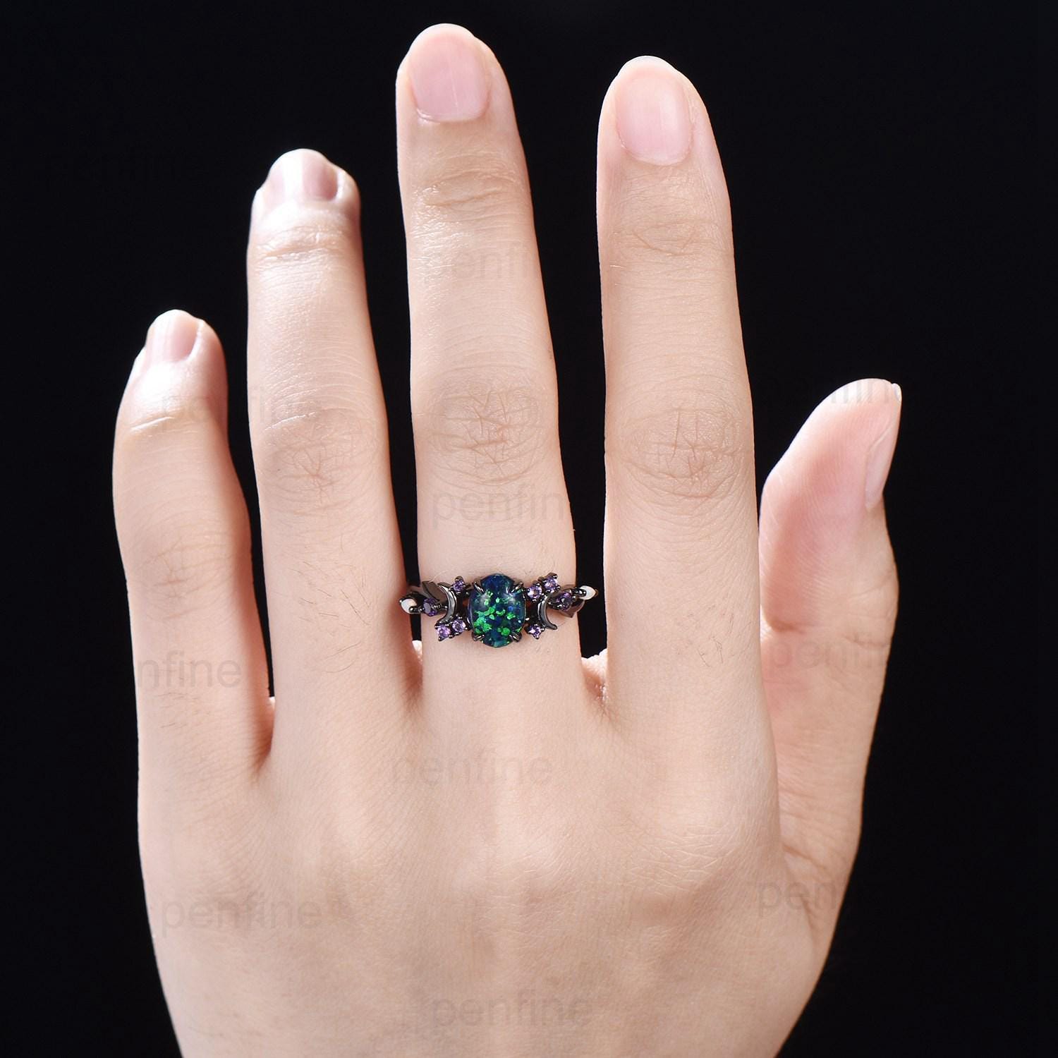 Antique Black Opal Engagement Ring, Unique 14k Solid Gold Black Opal buy Bridal Wedding Rings for women Twisted leaf shank Ring Gift for Mother