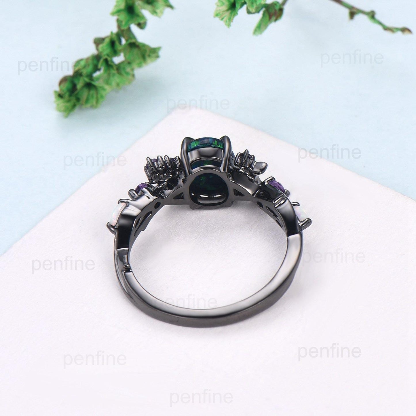 Unique Black Gold Opal Engagement Ring Vintage Black Opal Moon Engagement Ring Branch Cluster Amethyst Wedding Ring Promise Gift For Women - PENFINE