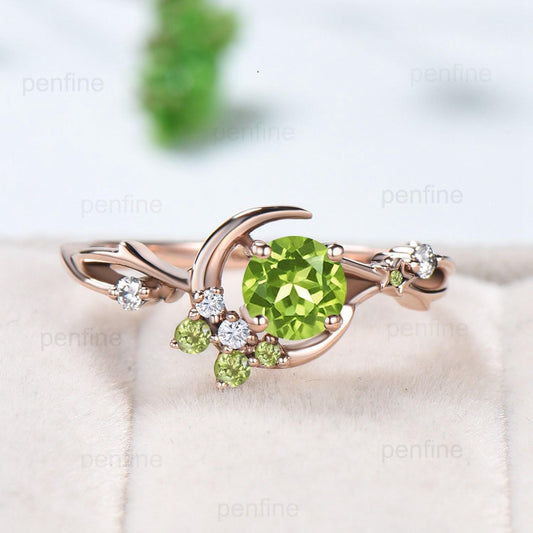 Natural Peridot Engagement Ring / Round Green Peridot Ring/ Vintage Rose Gold Star Moon Engagement Ring August Birthstone Anniversary Ring - PENFINE