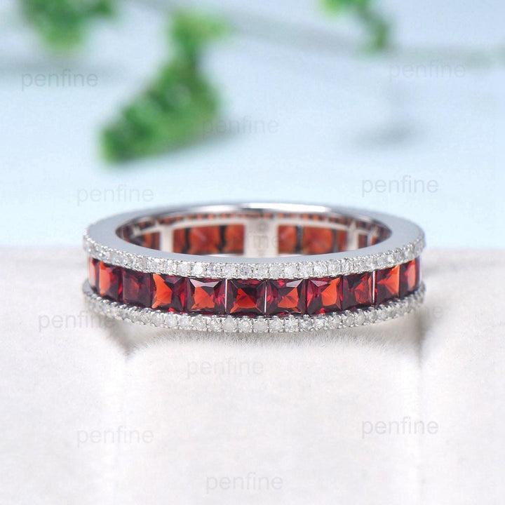 Vintage Garnet Wedding Band Full Eternity Princess Cut White gold Wedding Ring Unique Stacking January Birthstone Anniversary band gift - PENFINE