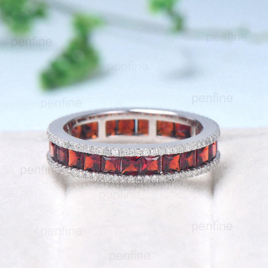 Vintage Garnet Wedding Band Full Eternity Princess Cut White gold Wedding Ring Unique Stacking January Birthstone Anniversary band gift - PENFINE