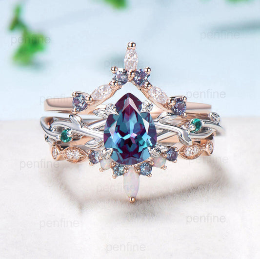 Vintage pear shaped alexandrite engagement ring set Unique color change stone wedding set Art deco opal emerald stacking bridal promise set - PENFINE