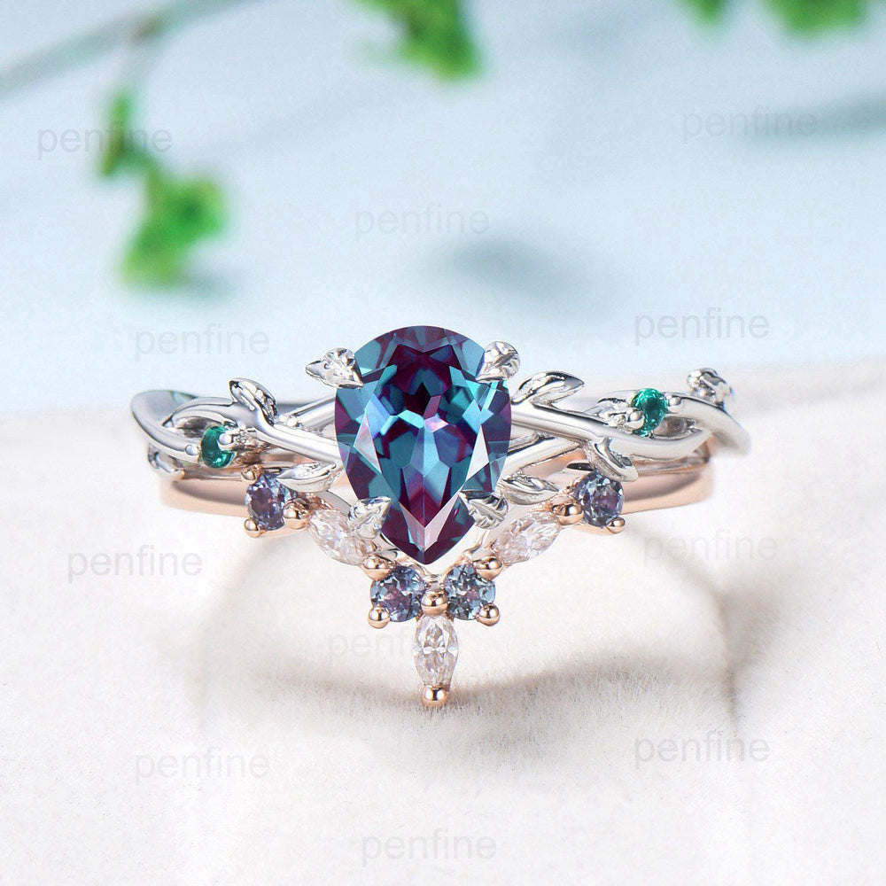 Vintage pear shaped alexandrite engagement ring set Unique color change stone wedding set Art deco opal emerald stacking bridal promise set - PENFINE