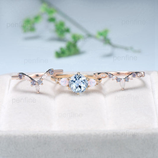 Vintage aquamarine engagement ring set | Unique solid gold opal aquamarine five stone wedding set | Art deco opal alexandrite bridal set - PENFINE