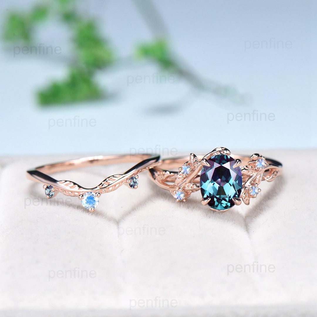 June Birthstone Wedding Ring Set Vintage alexandrite engagement ring Natural Inspired twig vine cluster moonstone unique anniversary ring - PENFINE