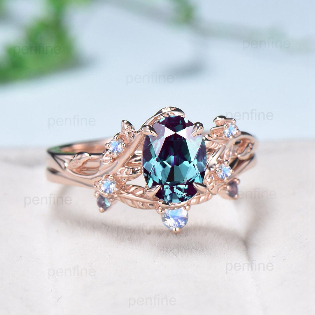 June Birthstone Wedding Ring Set Vintage alexandrite engagement ring Natural Inspired twig vine cluster moonstone unique anniversary ring - PENFINE