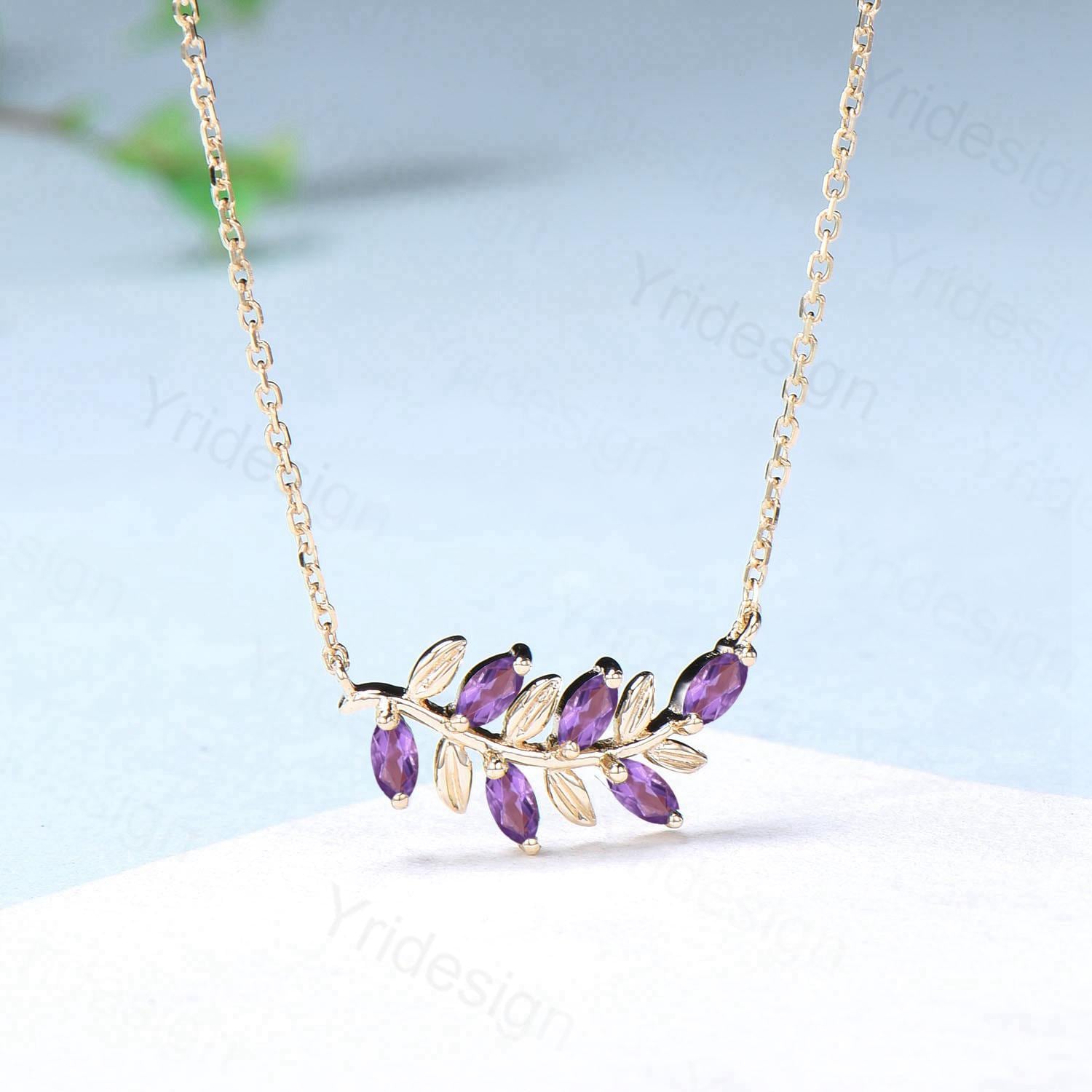 Nature Inspired Amethyst Necklace Unique Marquise Purple Crystal Leaves Pendant Necklace Branch Guard Pendant Elegant Anniversary gift women - PENFINE