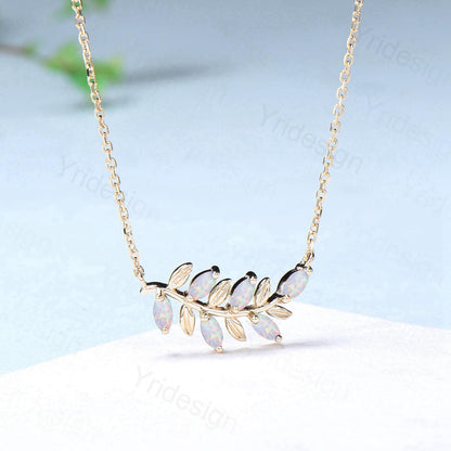 Art Deco White Opal Necklace Unique Marquise Fire Opal Leaves Pendant Necklace Branch Guard Pendant Natural inspired Anniversary gift women - PENFINE