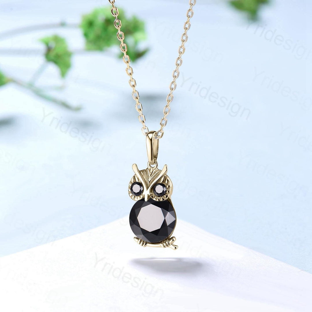 Unique Cute Owl Natural Black Onyx Wedding Necklace Sterling Silver Yellow Gold Night Owl Pendant Animal Inspired Gemstone Anniversary Gift - PENFINE