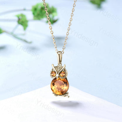 Unique Cute Owl Natural Citrine Wedding Necklace Sterling Silver Yellow Gold Mother's Pendant Animal Inspired Anniversary Gift for Daughter - PENFINE