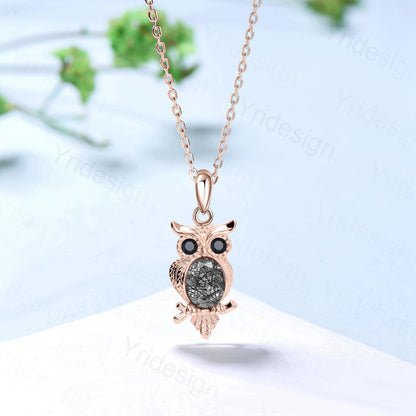 Personalized Owl Pendant Necklace Unique Black Rutilated Quartz Necklace Silver rose gold Pendant Night Cute Owl Animal Inspired Necklace - PENFINE