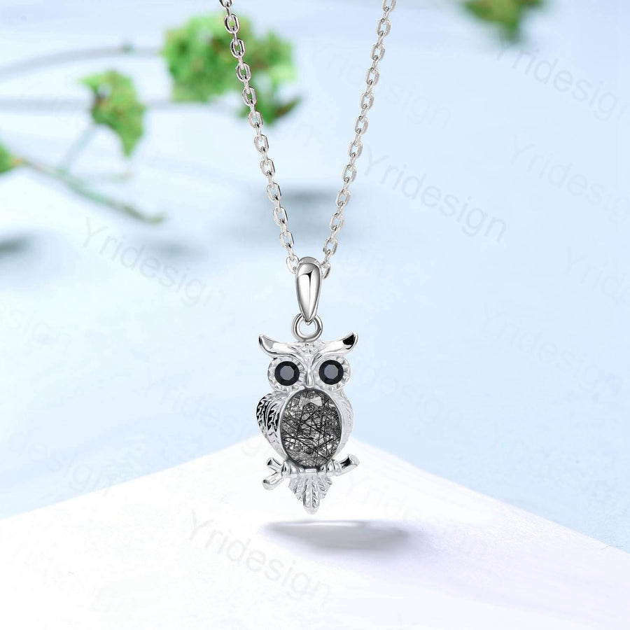 Personalized Owl Pendant Necklace Unique Black Rutilated Quartz Necklace Silver rose gold Pendant Night Cute Owl Animal Inspired Necklace - PENFINE jewelry