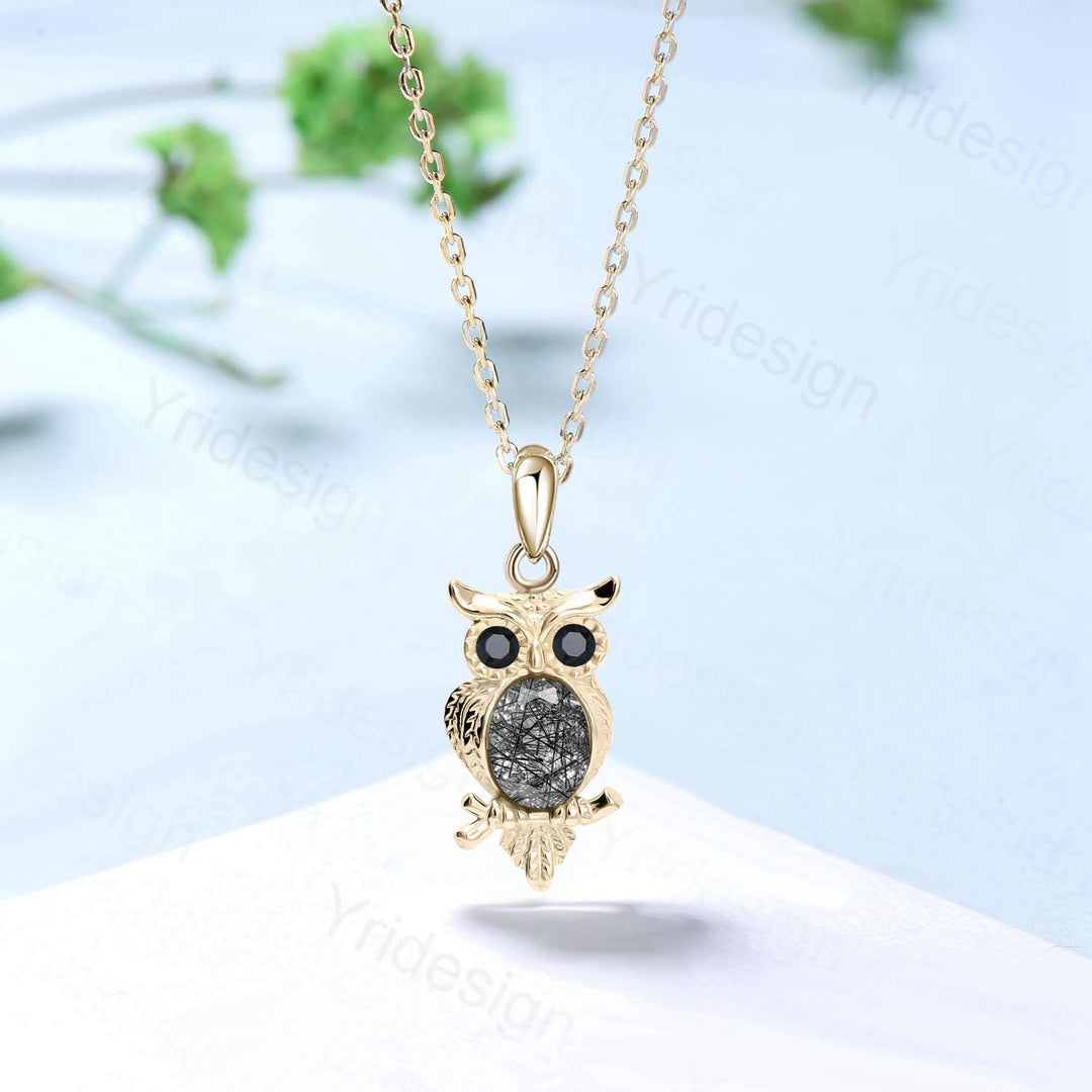 Personalized Owl Pendant Necklace Unique Black Rutilated Quartz Necklace Silver rose gold Pendant Night Cute Owl Animal Inspired Necklace - PENFINE