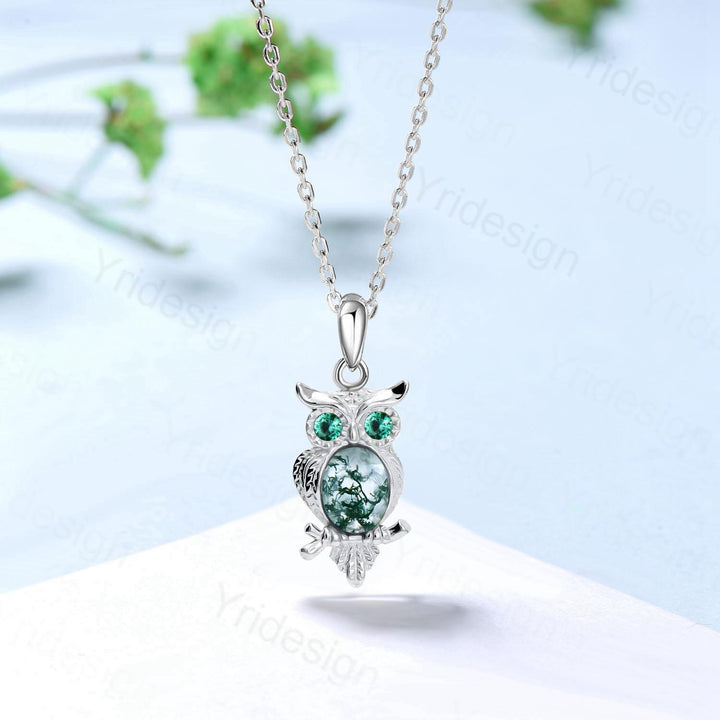 Unique Owl Moss Agate Necklace Personalized Pendant Necklace Silver 18k White Gold Emerald Pendant Night Owl Animal Inspired Promise Gift - PENFINE