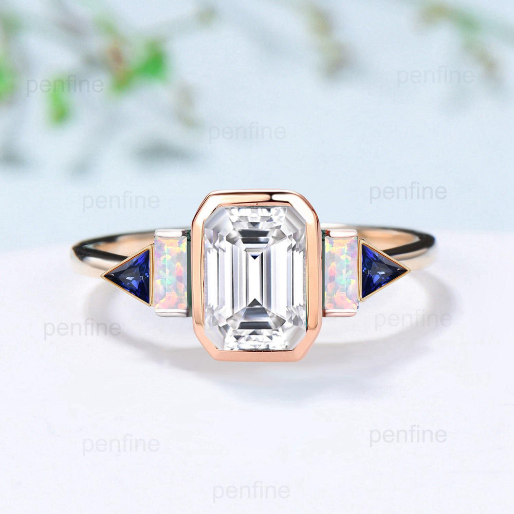 Unique Bezel Set Emerald Cut Moissanite Engagement Ring Retro Baguette Opal Trillion Blue Sapphire Wedding Ring Vintage Anniversary Ring - PENFINE