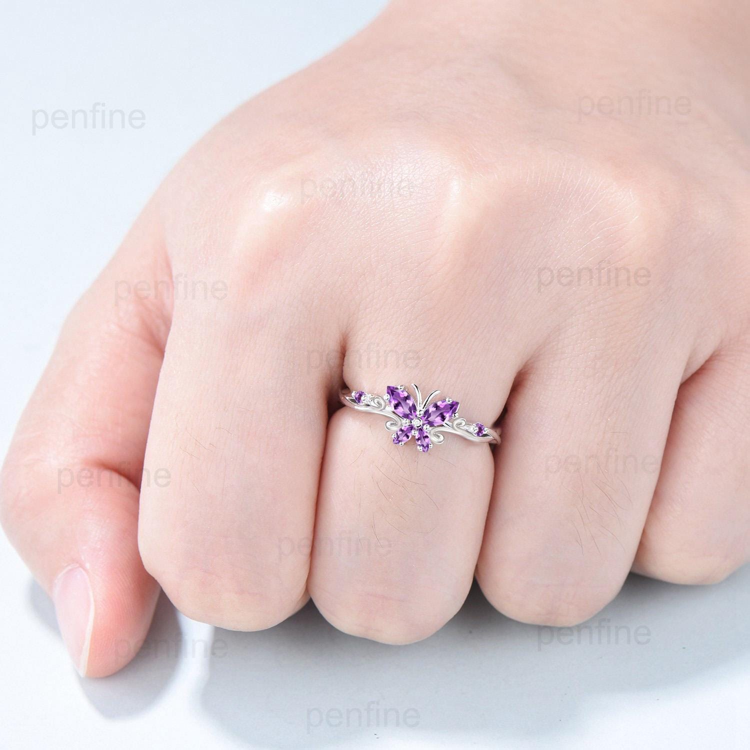 Unique Butterfly wedding ring vintage marquise amethyst engagement ring purple crystal silver white gold custom anniversary gift  for women - PENFINE