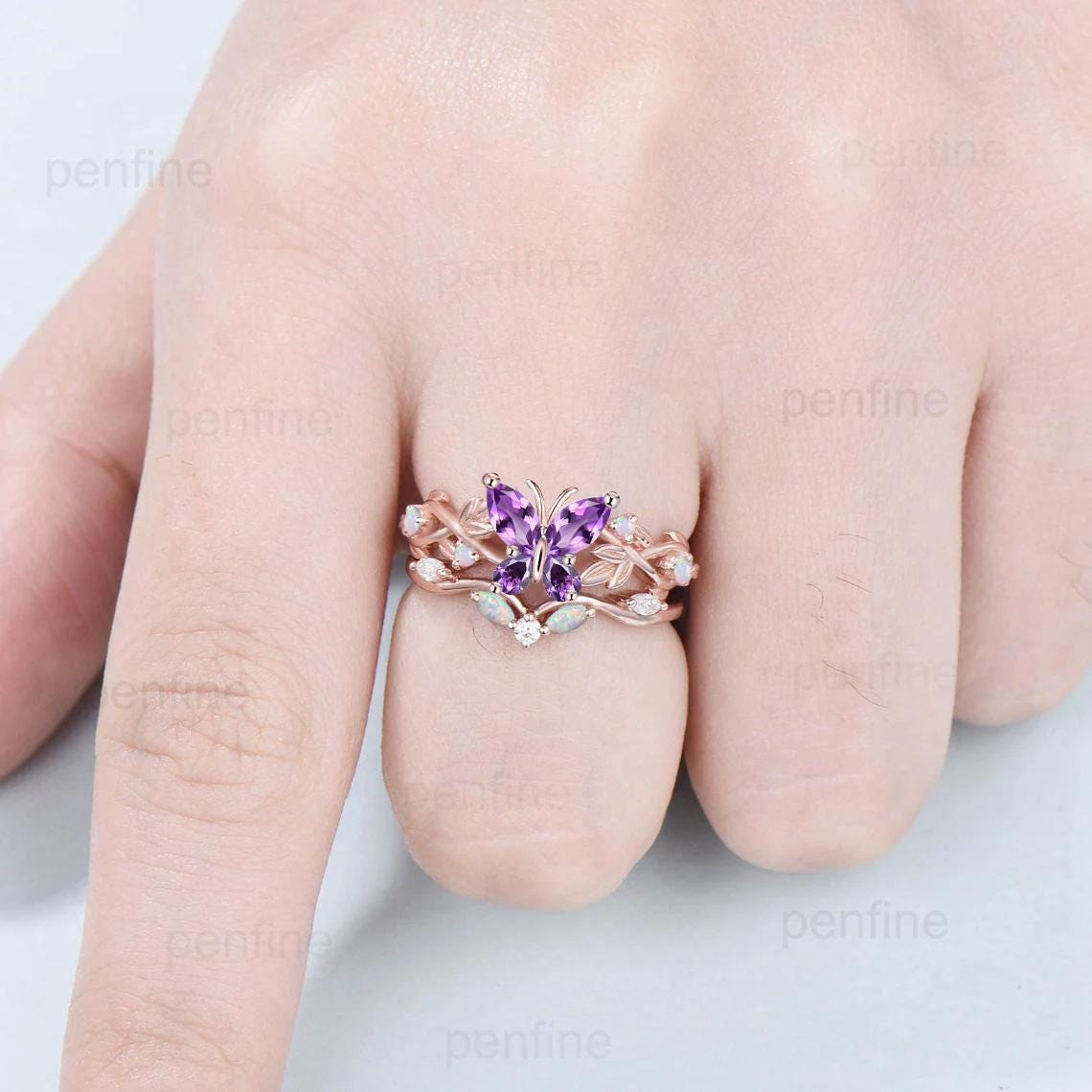 Nature inspired amethyst engagement ring set Twig leaf vine butterfly wedding set rose gold opal moissanite stacking bridal ring set women - PENFINE