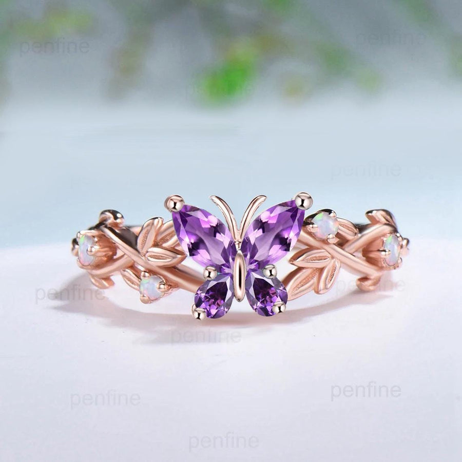 Nature inspired amethyst engagement ring set Twig leaf vine butterfly wedding set rose gold opal moissanite stacking bridal ring set women - PENFINE jewelry