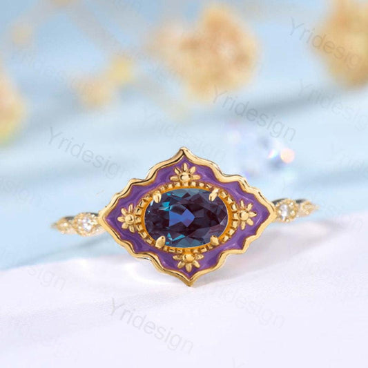 Unique Purple Enamel Alexandrite Engagement Ring Vintage Milgrain Wedding Ring Color Changing Art Deco Antique Anniversary Gift For Women - PENFINE