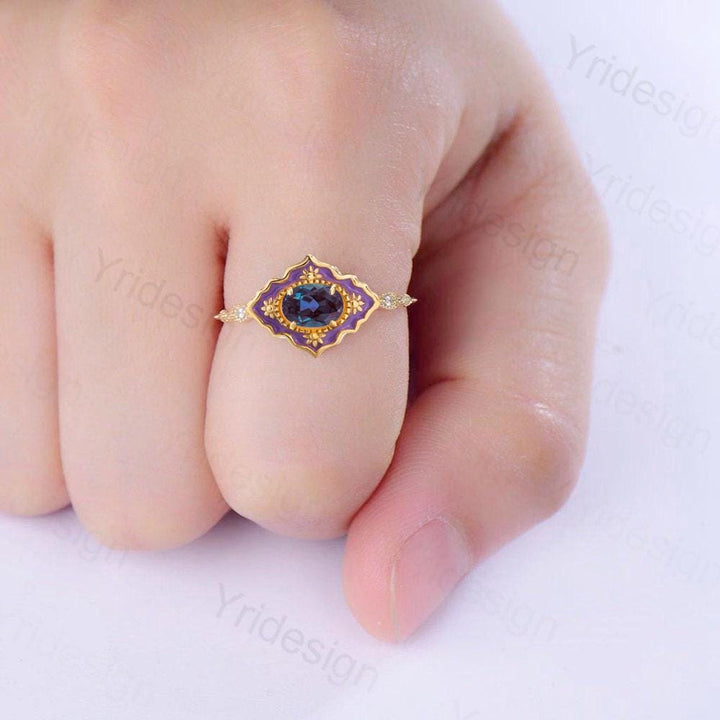 Unique Purple Enamel Alexandrite Engagement Ring Vintage Milgrain Wedding Ring Color Changing Art Deco Antique Anniversary Gift For Women - PENFINE