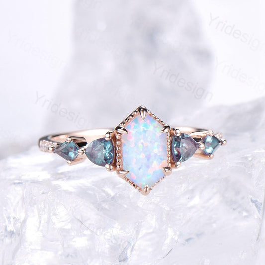 Vintage long hexagon opal engagement ring rose gold triangle kite alexandrite fire opal wedding ring rose gold October birthstone ring gift - PENFINE