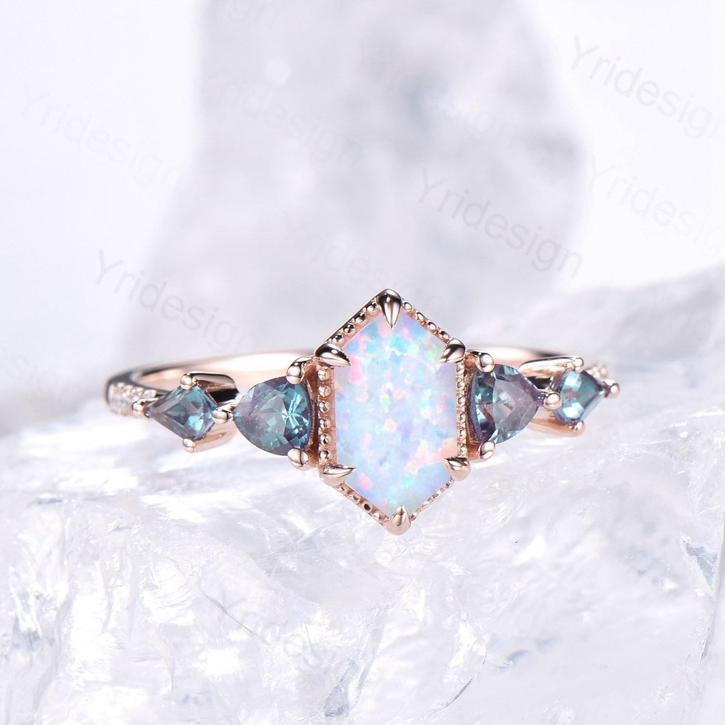 Vintage long hexagon opal engagement ring rose gold triangle kite alexandrite  fire opal wedding ring rose gold October birthstone ring gift - PENFINE