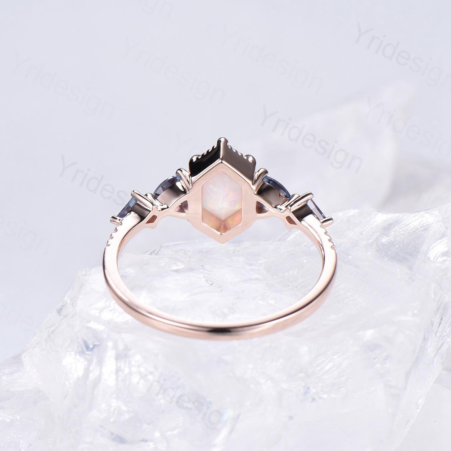 Vintage long hexagon opal engagement ring rose gold triangle kite alexandrite  fire opal wedding ring rose gold October birthstone ring gift - PENFINE