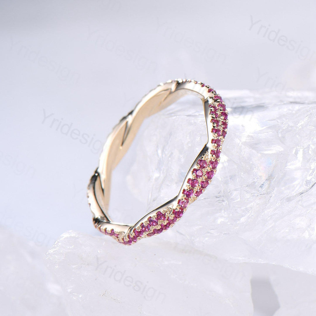 Solid 14k yellow gold ruby wedding band, twisted shape full eternity ruby wedding ring, retro stackable band engagement anniversary gift - PENFINE